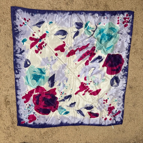 Georgiou Blue Pink White 100% Silk Scarf Tie Abstract Watercolor Artsy - Picture 2 of 5